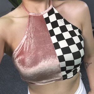💗 pink velvet checkered halter tube crop top 💗